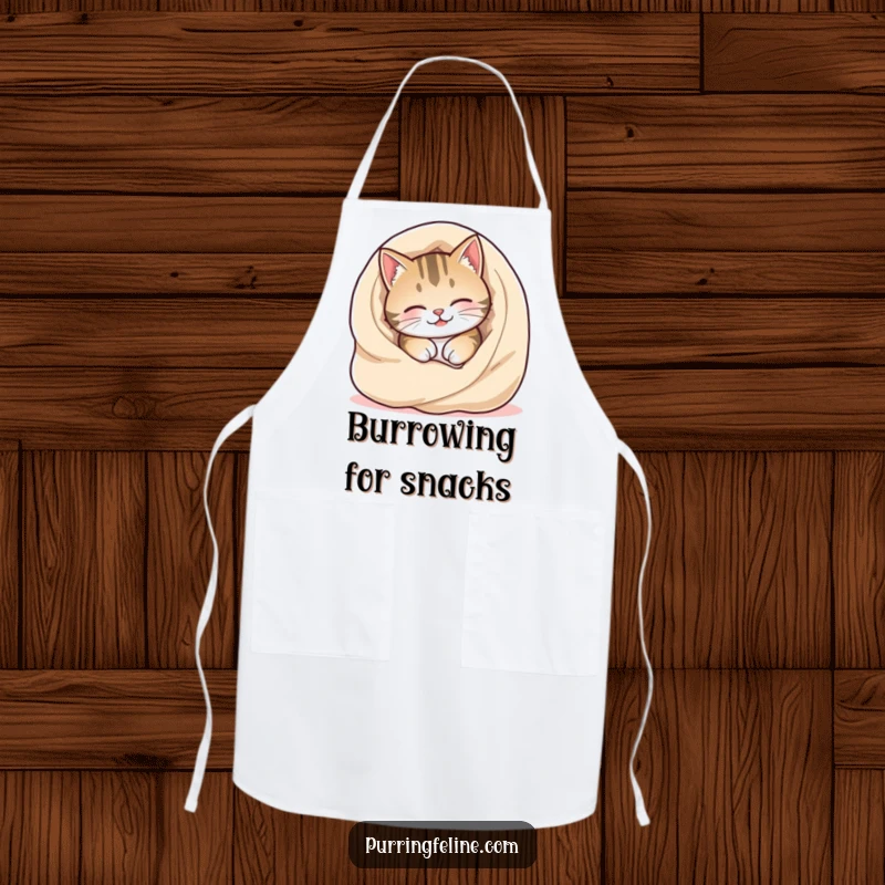 Funny Cozy Cat Apron showing a happy cat burrowing into a warm, soft blanket, bringing smiles to the kitchen.