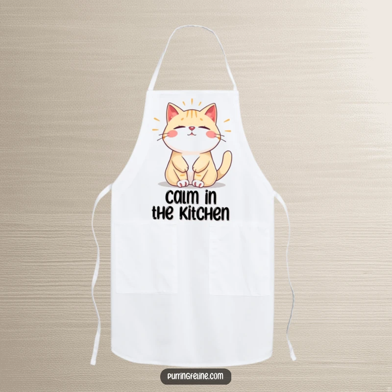 Funny apron with a relaxed cat vibrating with a peaceful, steady hum, perfect for cooking with humorous tranquility, a unique gift.