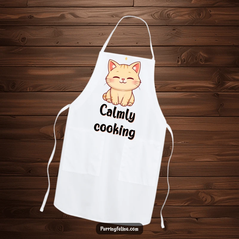 Funny serene cat apron showing a smiling cat with a visible hum of happiness, perfect for calm and enjoyable cooking.