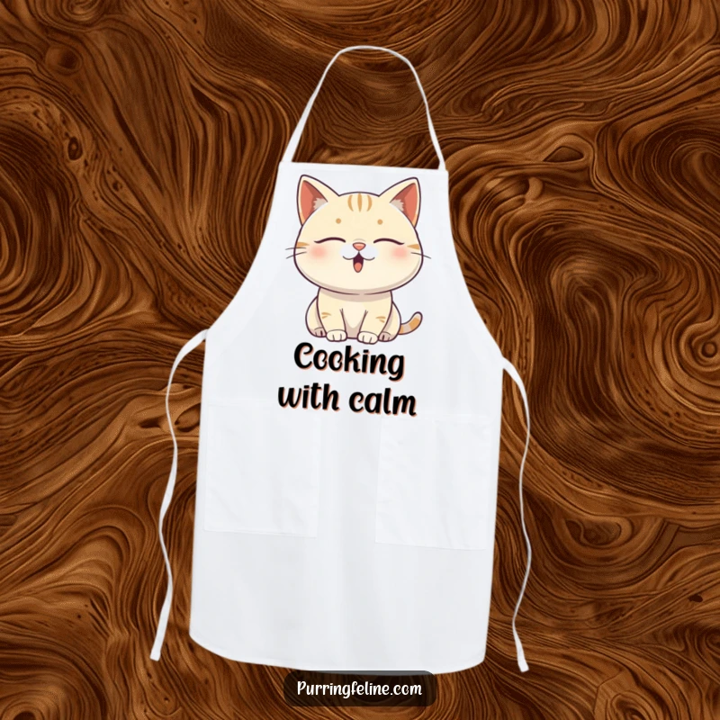 Funny content cat apron showing a serene cat vibrating with subtle, happy energy, perfect for a calm kitchen.