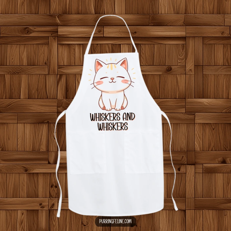 Funny Kitchen Apron with a smiling cat emitting peaceful purr vibrations, ideal for happy cooks and cat lovers.