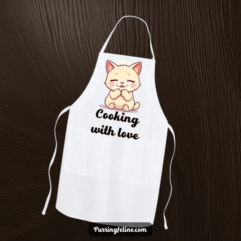 Funny apron with a purring cat and warm glow, humorous for kitchen use.