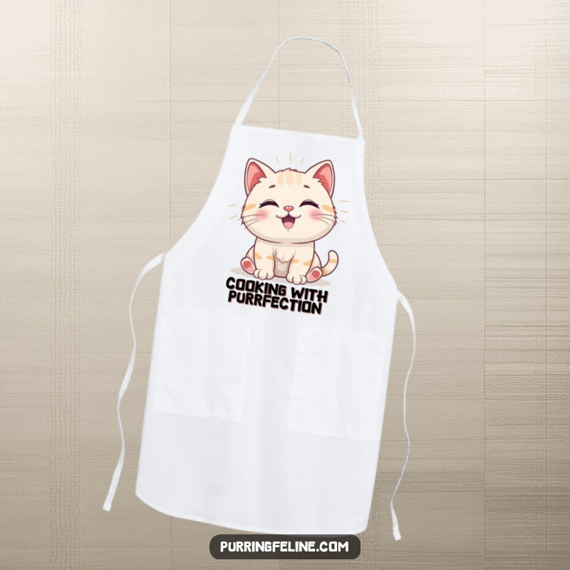 Funny Apron showing a happy cat cub emitting gentle vibrations, perfect for cooking with a side of infectious, humorous delight.