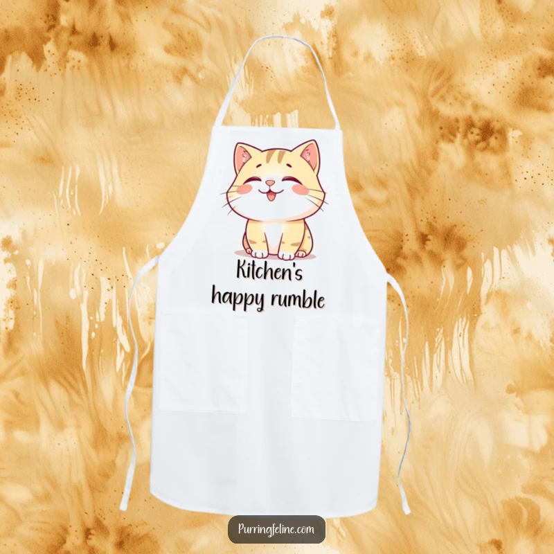 Funny Apron: A happy, content cat emanating a soft rumble, adding a peaceful and humorous touch to cooking.