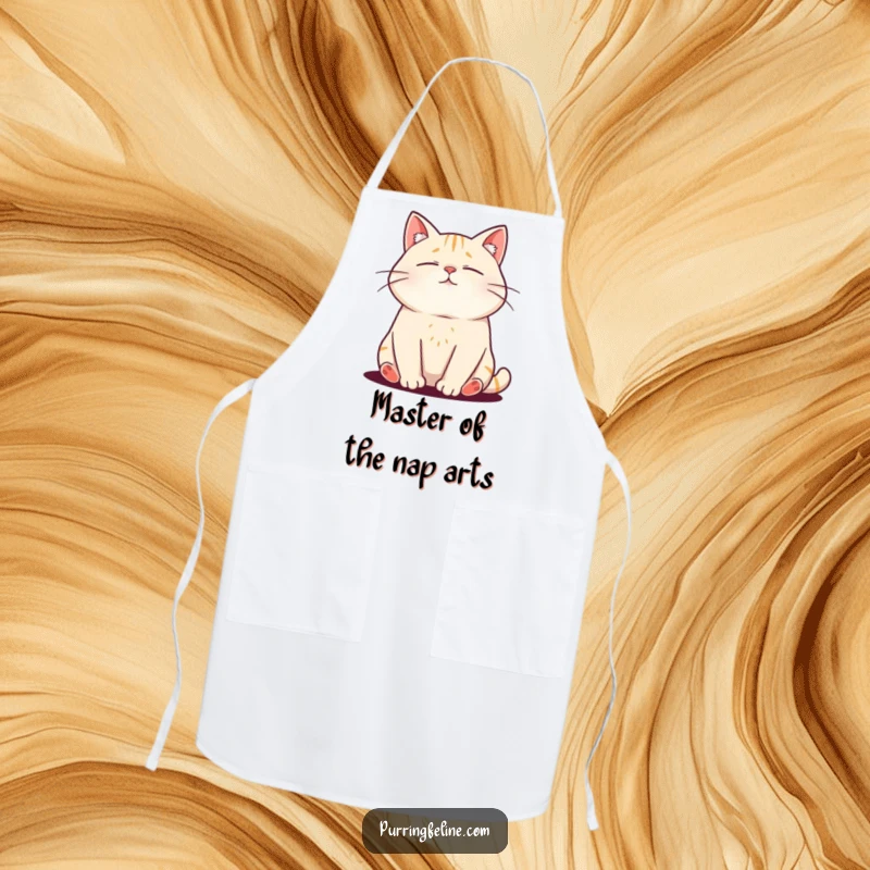 Funny apron showcasing a relaxed cat with its purr vibration visible, perfect for kitchen fun and feline flair.