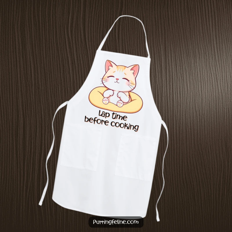 Funny serene cat apron, a cat purring happily in a warm lap, bringing cozy humor to cooking.