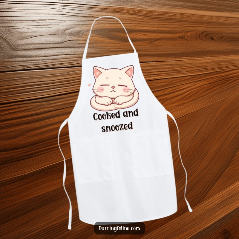 Funny Apron featuring a sleeping cat with subtle visual cues of purring, perfect for a humorous kitchen experience.