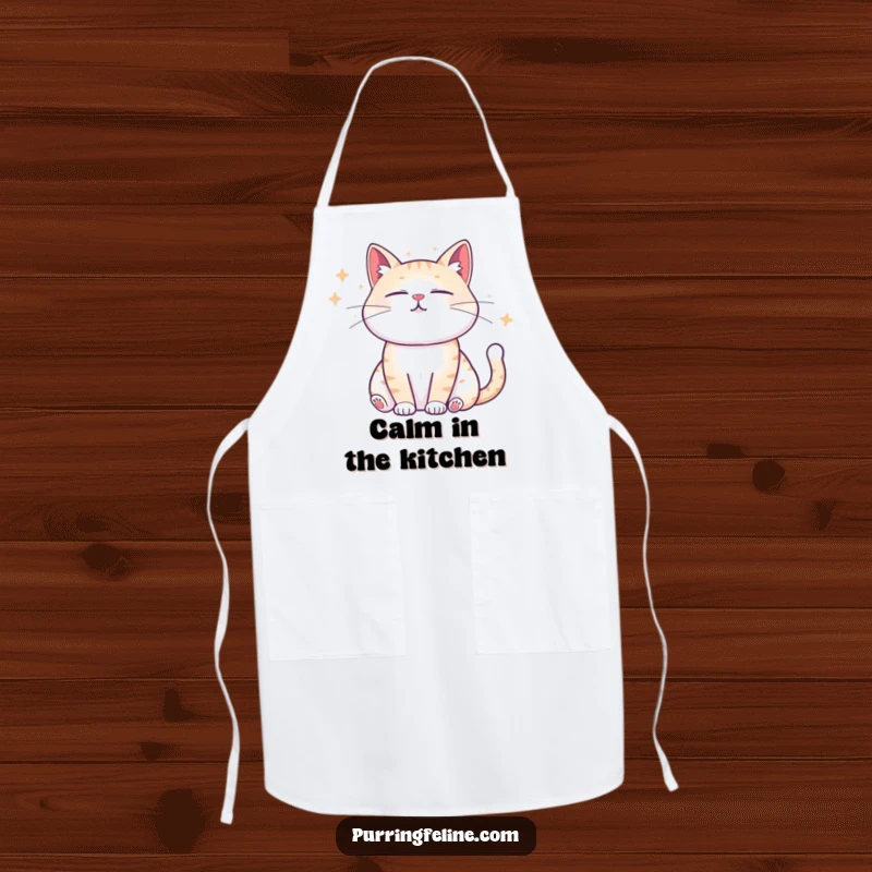 Funny Apron showing a zen cat emitting calming sound waves, ideal for a peaceful and humorous cooking experience.