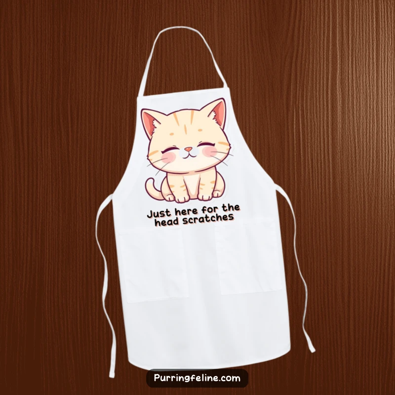 Funny Apron with a purring cat sporting a serene expression and soft, gentle eyes, ready to cook.