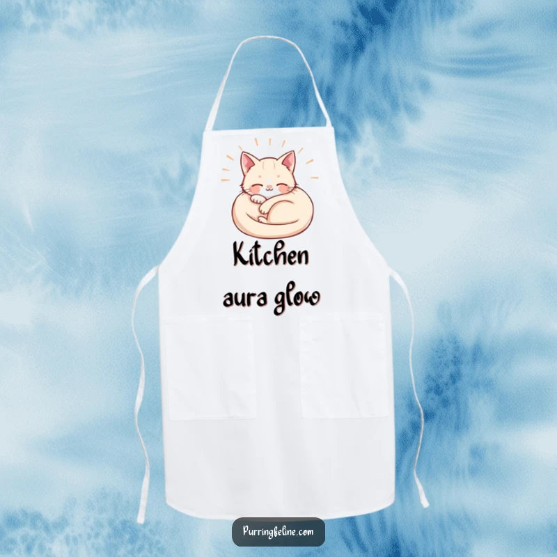 Funny Kitchen Apron with a curled cat emitting soft waves of contentment, perfect for zen-like cooking.