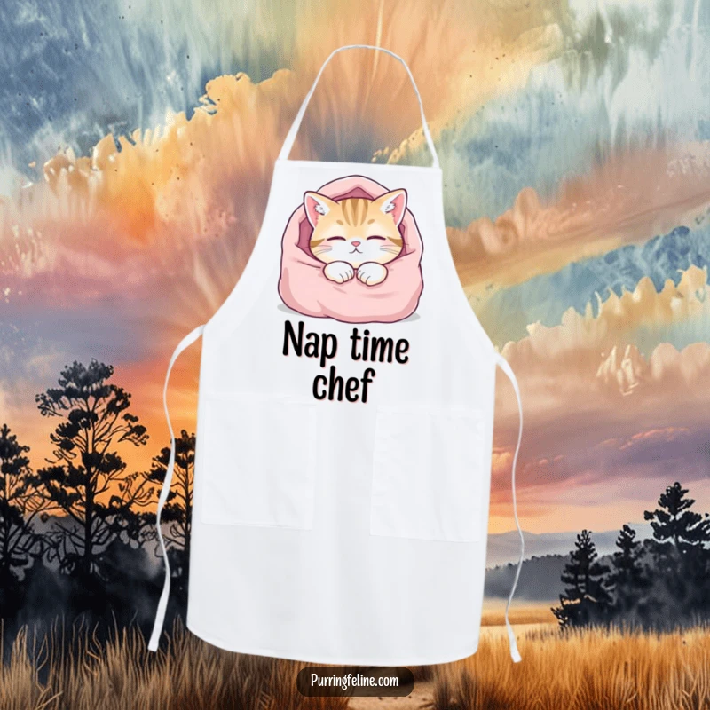 Funny apron showcasing a content cat peacefully dozing in a blanket, adding humor and charm to kitchen activities.