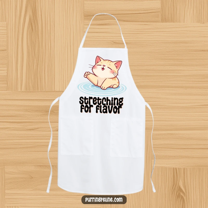Funny contented cat apron, showing a cat stretching with visible purr ripples, perfect for a calm and happy cook.