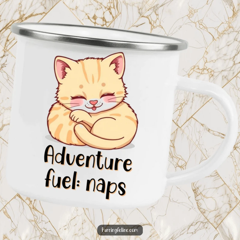 Funny Purring Cat Cub Camping Mug - a content kitten design on a sturdy mug, ideal for cozy outdoor experiences.