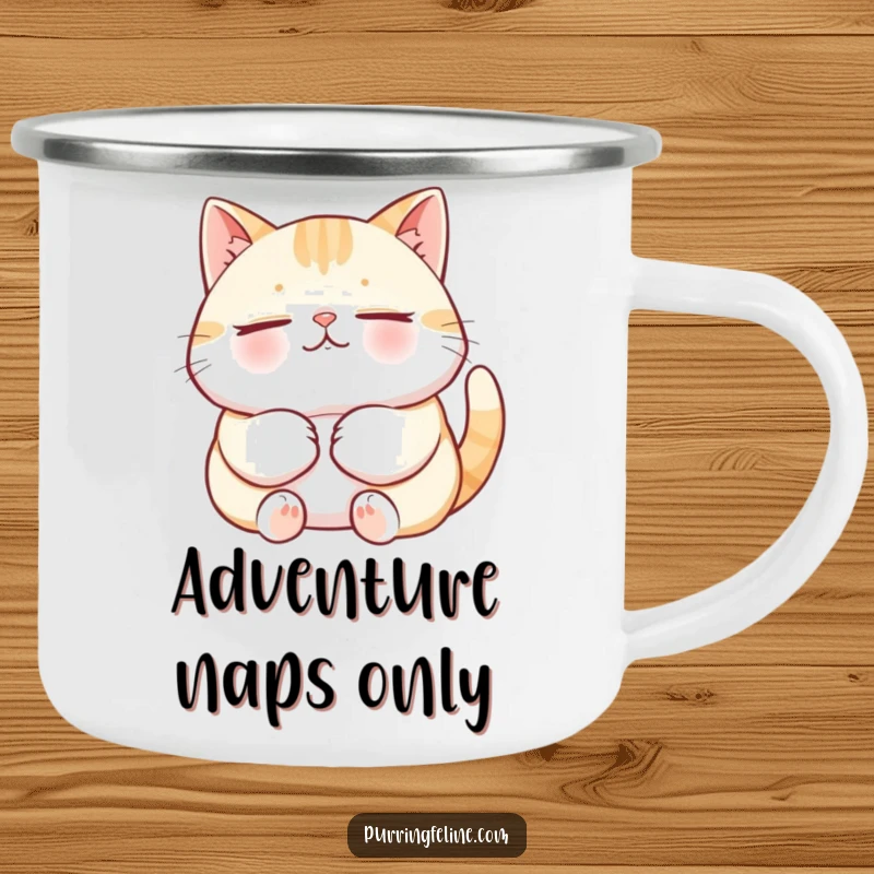 Funny Cat Camping Mug featuring a relaxed cat purring deeply, symbolizing pure contentment and adding a humorous touch to outdoor adventures.