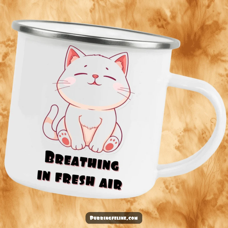 Funny Relaxed Cat Camping Mug: A durable mug featuring a cat whose chest gently rises and falls with peaceful purrs.