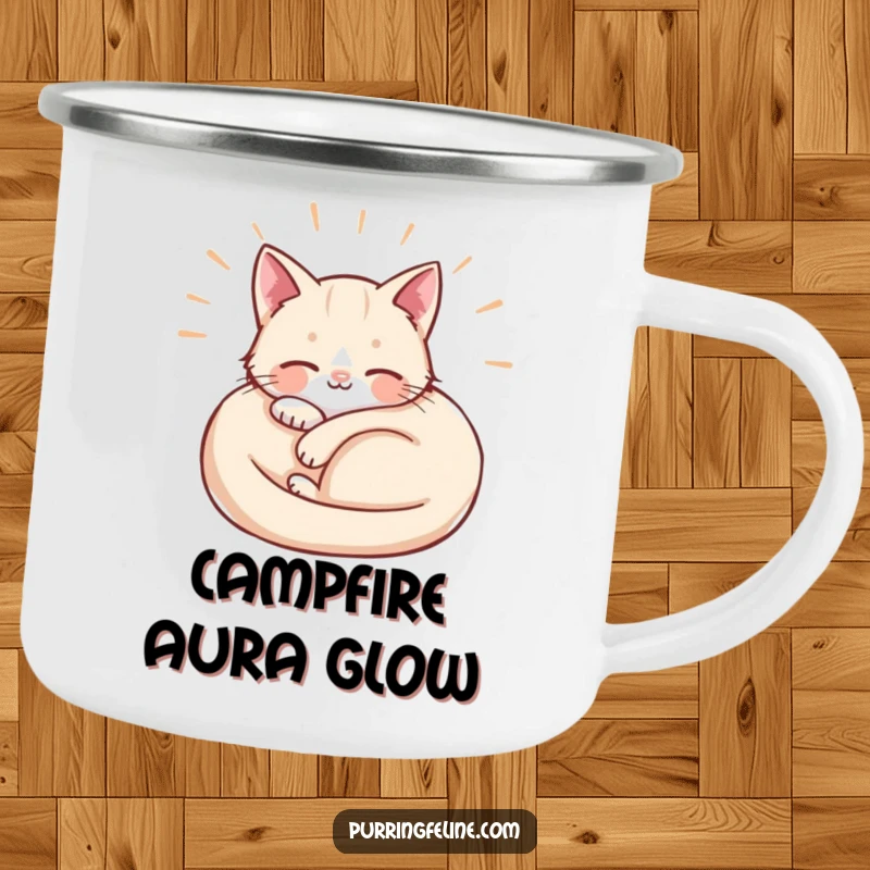 Funny Camping Mug with a curled cat emitting soft waves of contentment, perfect for peaceful outdoor enjoyment.