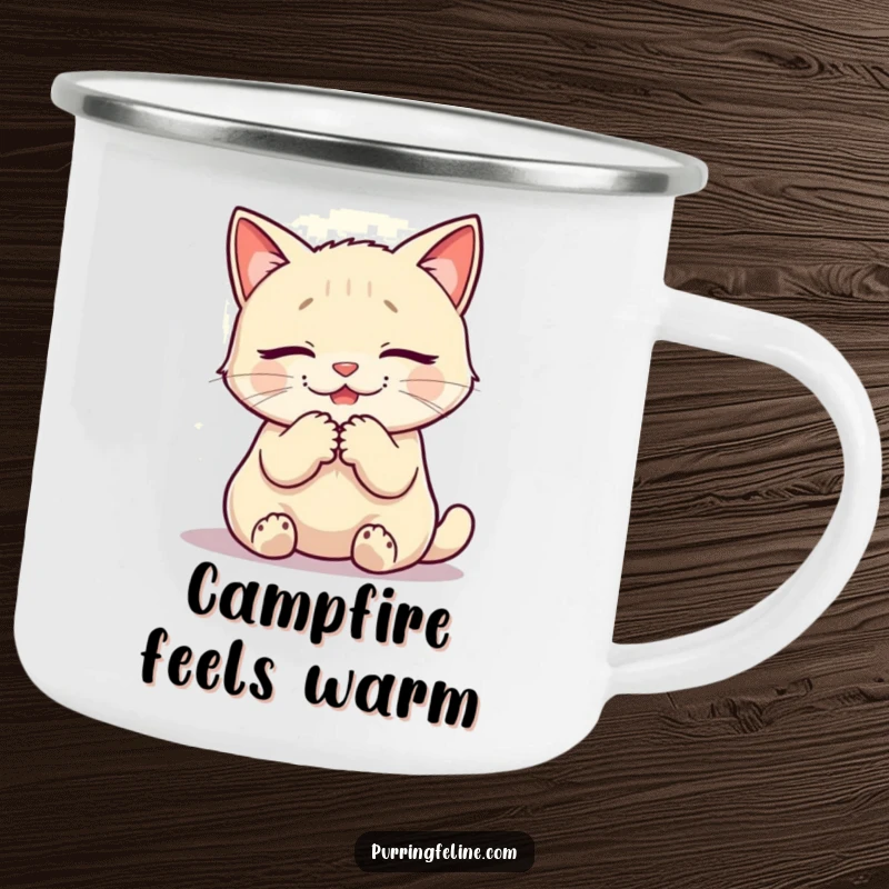 Funny camping mug with a purring cat and warm glow, perfect for serene outdoor moments.