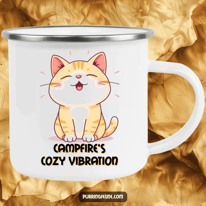 Funny Camping Mug: A cat expressing deep satisfaction through subtle vibrations, perfect for enjoying drinks outdoors.