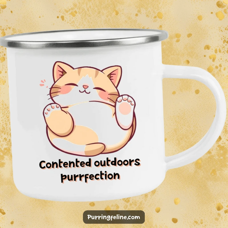 Funny Cat Kneading Camping Mug showing a contented cat on its back, paws gently kneading the air, ready for adventure.