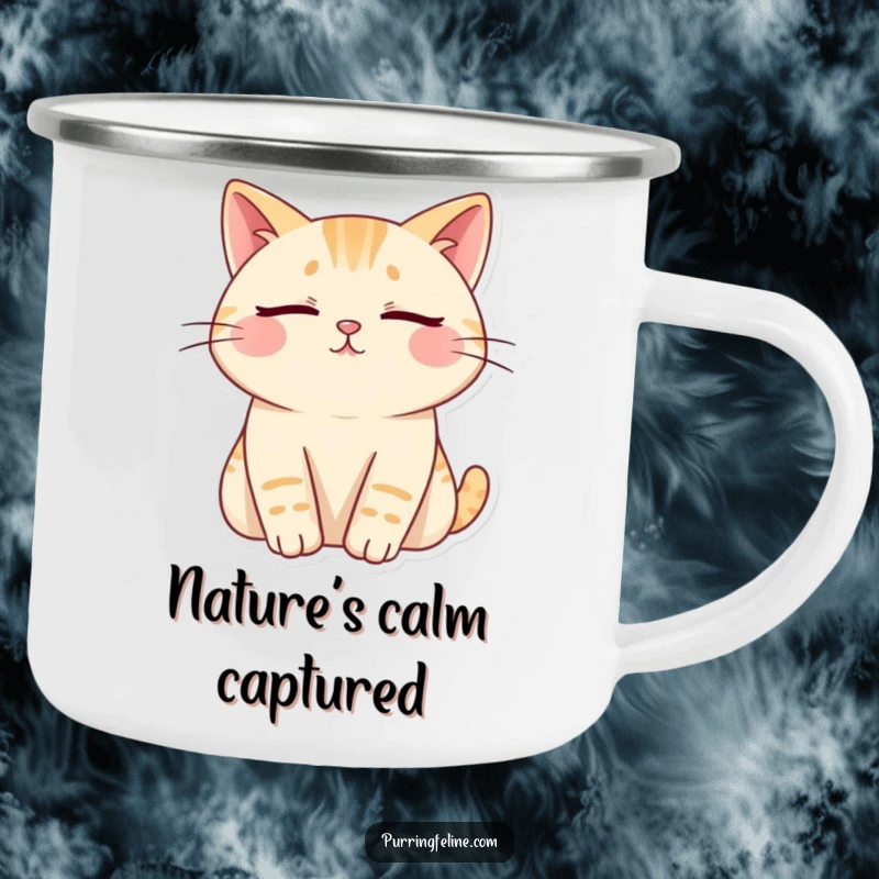Funny cat camping mug, cat with closed eyes emitting calm, humorous outdoor gear, perfect funny gift.