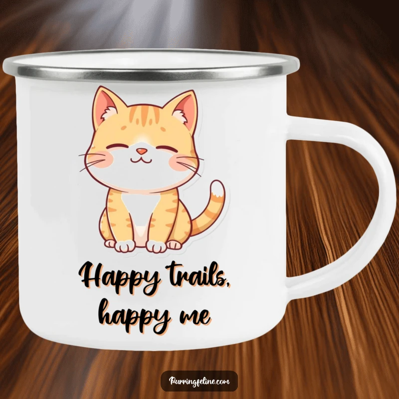 Funny contented cat camping mug, a smiling cat with a softly twitching tail, enjoying the outdoors calmly.