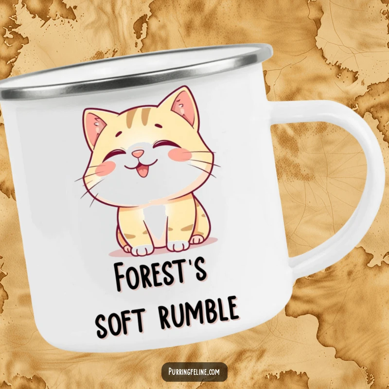 Funny Camping Mug: A happy, content cat emanating a soft rumble, perfect for enjoying drinks outdoors.