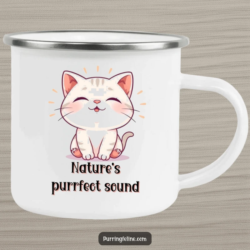 Funny camping mug featuring a cat emitting soft, rhythmic vibrations of contentment, perfect for outdoor enjoyment with a humorous, peaceful touch, a unique gift.