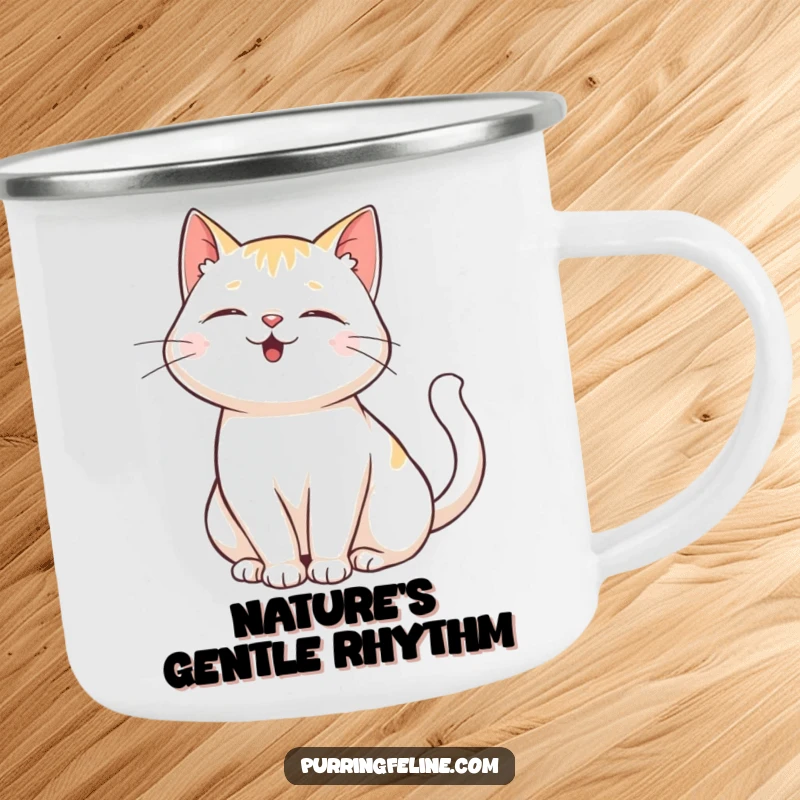 Funny Purring Cat Camping Mug: A sturdy mug featuring a purring cat whose tail is gently swaying in contentment.