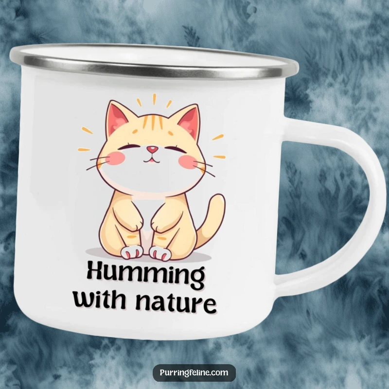 Funny camping mug with a relaxed cat vibrating with a peaceful, steady hum, perfect for outdoor tranquility and humor, a unique gift.