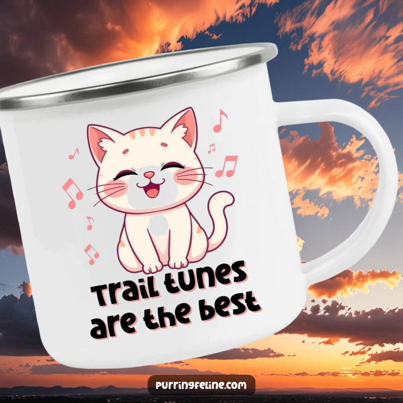Funny Camping Mug of a happy cat vibrating gently surrounded by musical notes, perfect for outdoor jams.