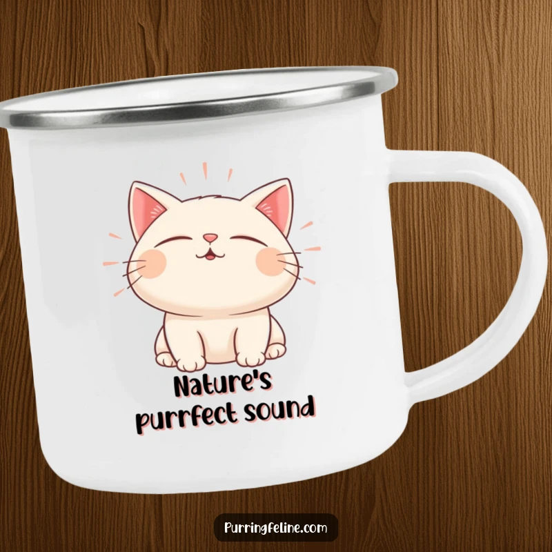 Funny camping mug with a content cat character emitting gentle, pulsating sound waves.