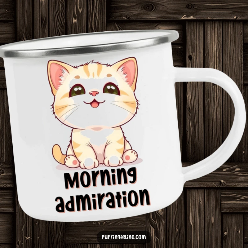 Funny Cat Camping Mug: A small cat cub looks up with adoration, a sweet and durable mug for outdoor enthusiasts.