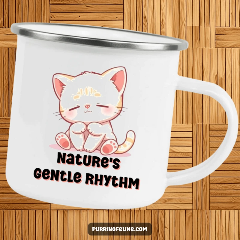 Funny Peaceful Cat Cub Camping Mug - a serene kitten swaying gently on a sturdy mug, ideal for peaceful outdoor moments.