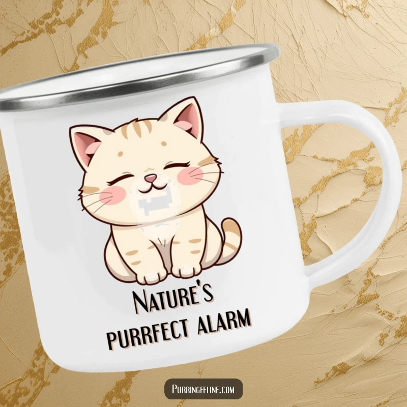 Funny Cat Camping Mug: A tranquil cat embracing a soft, happy rumble. Durable and humorous for outdoor use.