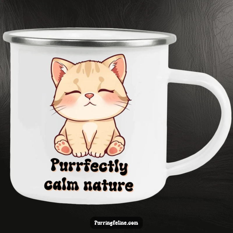 Funny Camping Mug with a contented cat cub murmuring, perfect for rustic adventures and enjoying beverages with a touch of humor.