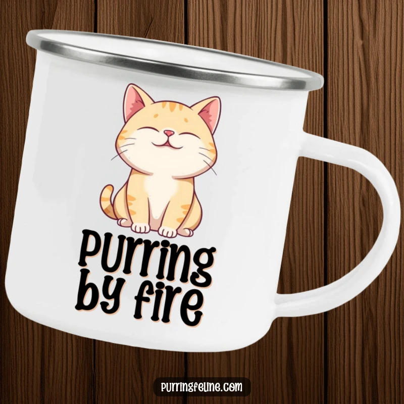 Funny Camping Mug with a purring cat, eyes closed and relaxed, perfect for peaceful outdoor moments.