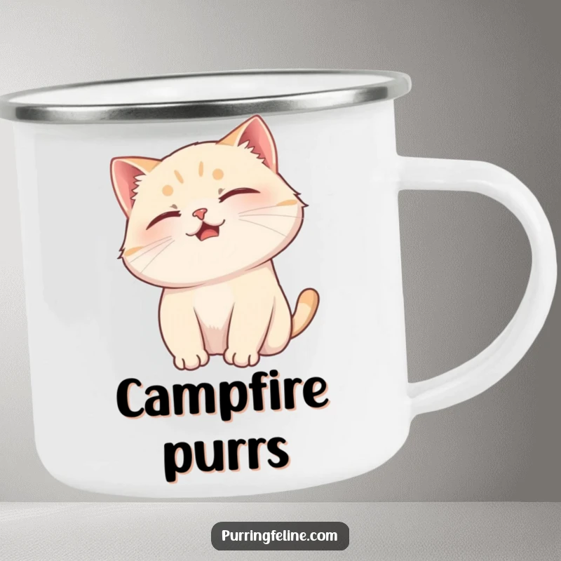 Funny cat camping mug featuring a purring cat enjoying a gentle head scratch, perfect for enjoying beverages outdoors peacefully.