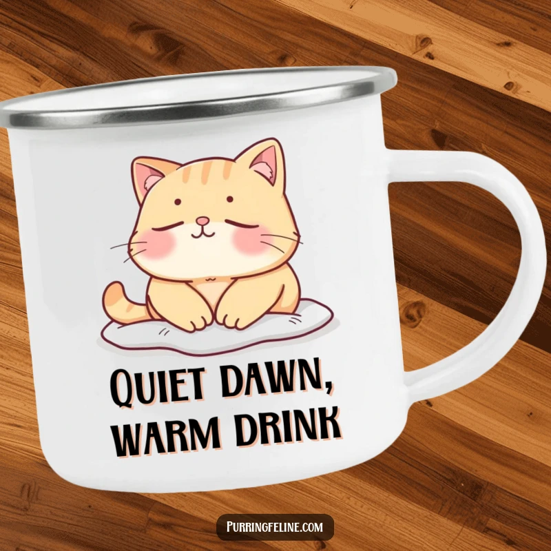 Funny mellow cat camping mug, a cat enjoying a peaceful, quiet moment by a campfire, radiating calm.