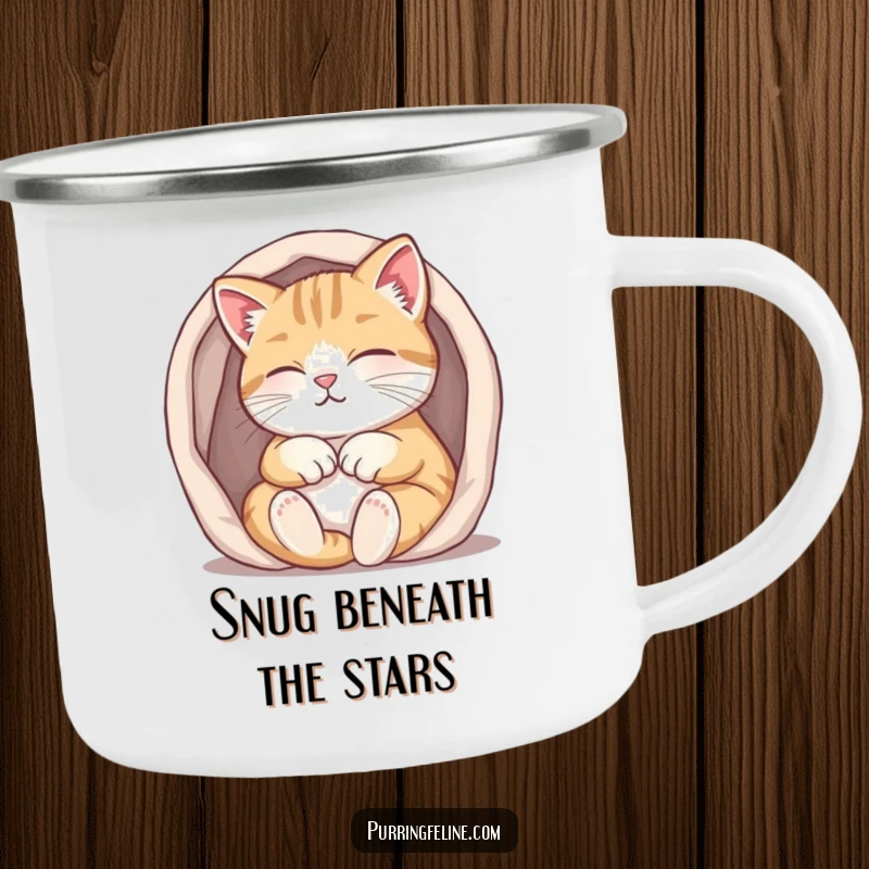 Funny purring cat camping mug, a cat purring contentedly in a small, warm space outdoors, radiating cozy vibes.