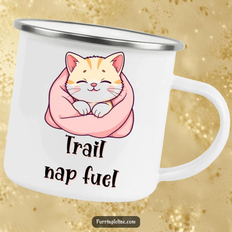 Funny cat camping mug showing a happy cat in a blanket with a visible purr glow, perfect for enjoying warm drinks outdoors.