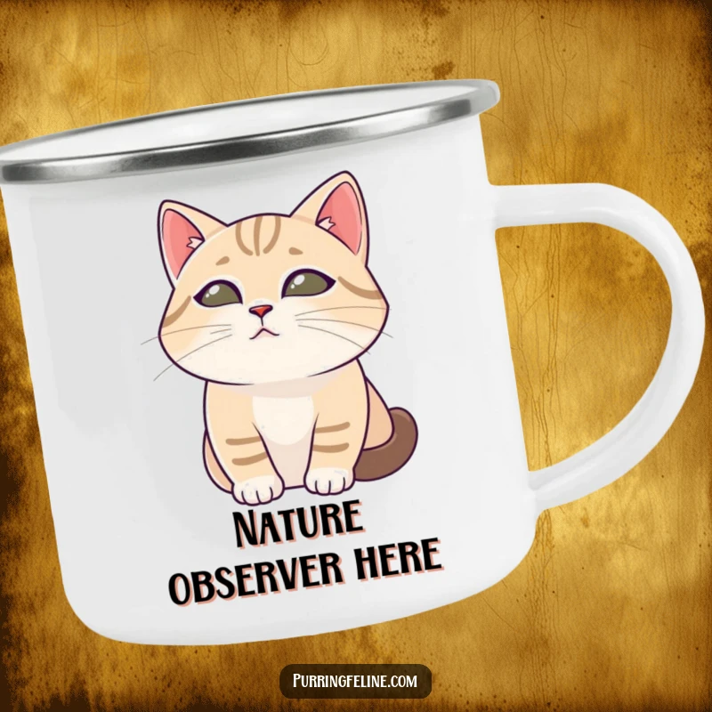 Funny cat camping mug featuring a tranquil cat with soft eyes observing, perfect for enjoying beverages outdoors peacefully.