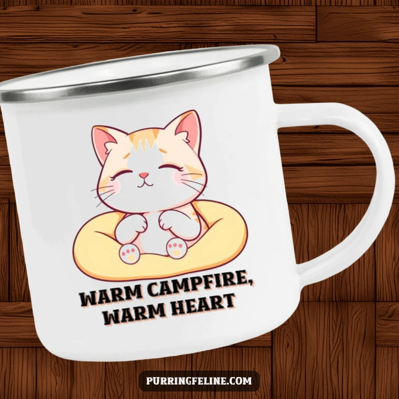 Funny serene cat camping mug, a cat purring contentedly in a warm lap, enjoying the cozy outdoors.