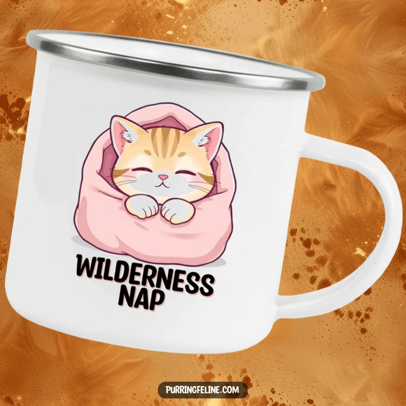 Funny enamel camping mug featuring a content cat sleeping soundly in a blanket, perfect for outdoor enthusiasts who love humor.