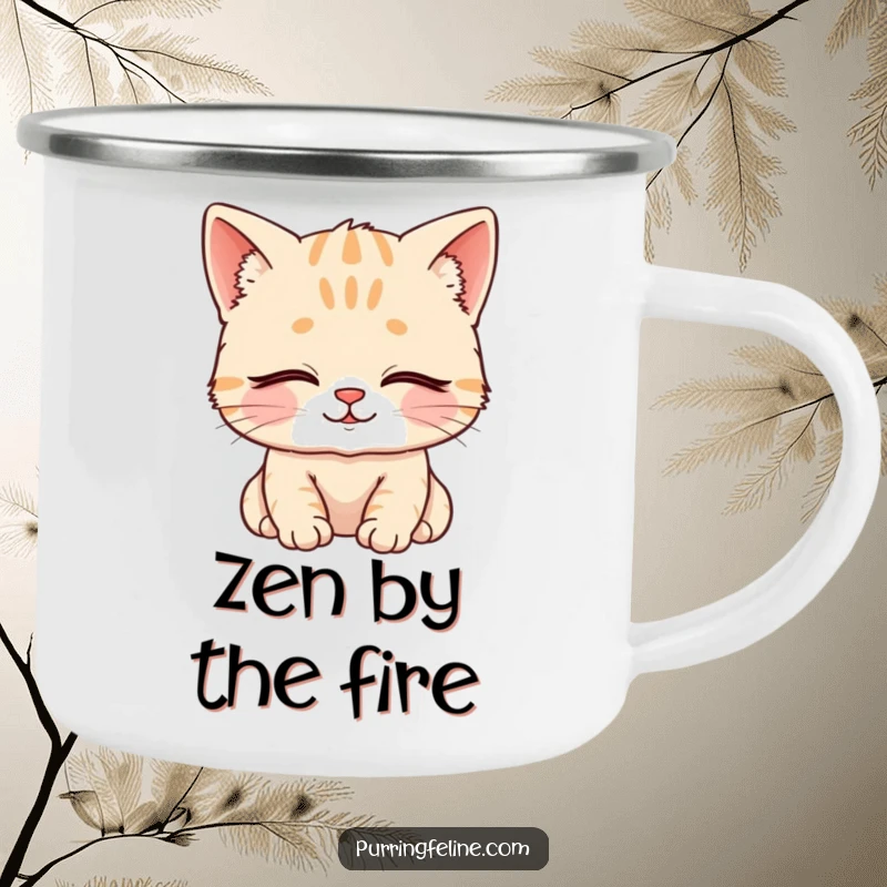 Funny Camping Mug shows a content cat cub with closed eyes and a serene smile, perfect for enjoying beverages outdoors.