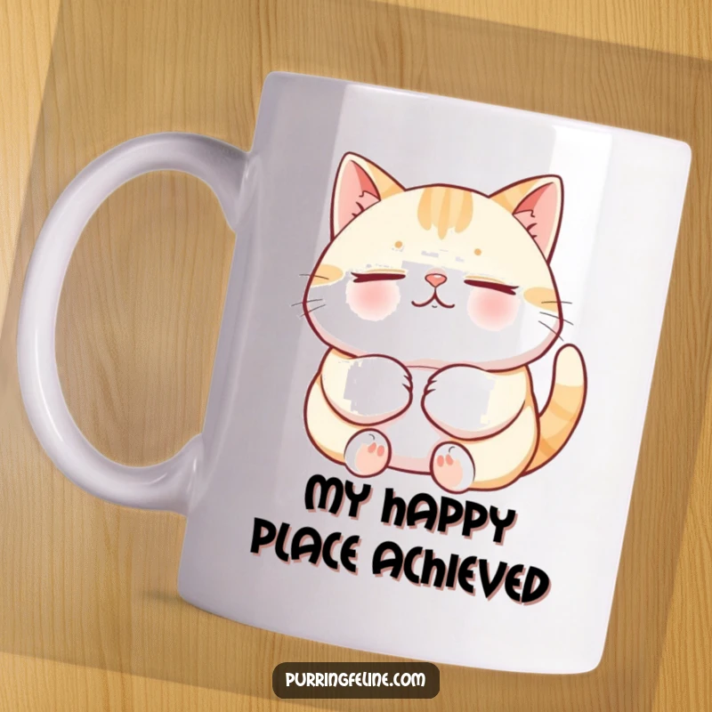 Funny Cat Mug featuring a relaxed feline purring with deep contentment, showcasing ultimate happiness and a peaceful vibe.
