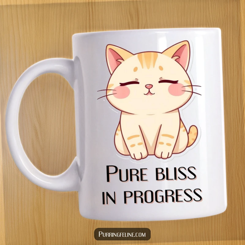 Funny cat mug, serene cat with closed eyes, soft wavy lines of contentment, humorous relaxation gift.