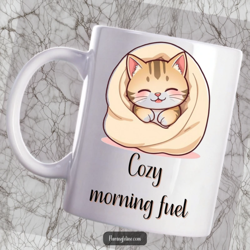 Funny Cozy Cat Mug featuring a content cat happily burrowing deep into a soft, warm blanket, radiating pure comfort.