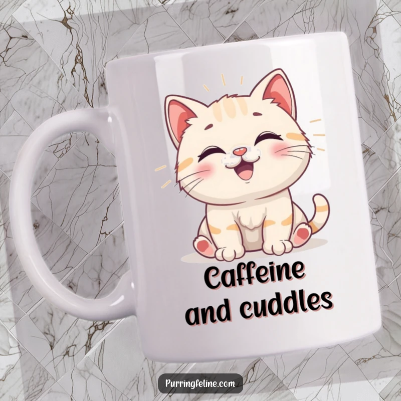Funny Mug showcasing a happy cat cub emitting gentle, positive vibrations, radiating pure joy and humorous energy.