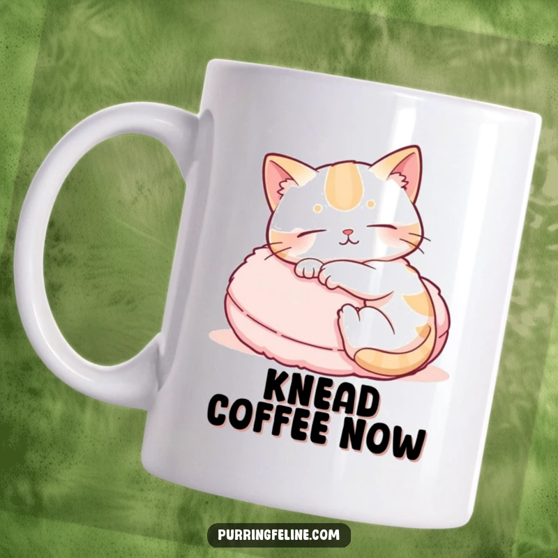 Funny mug featuring a relaxed cat gently kneading a fluffy cushion, symbolizing comfort and contentment with every sip.