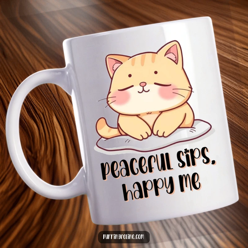 Funny mellow cat mug, a cat basking peacefully in a quiet, serene moment, radiating calm and contentment.